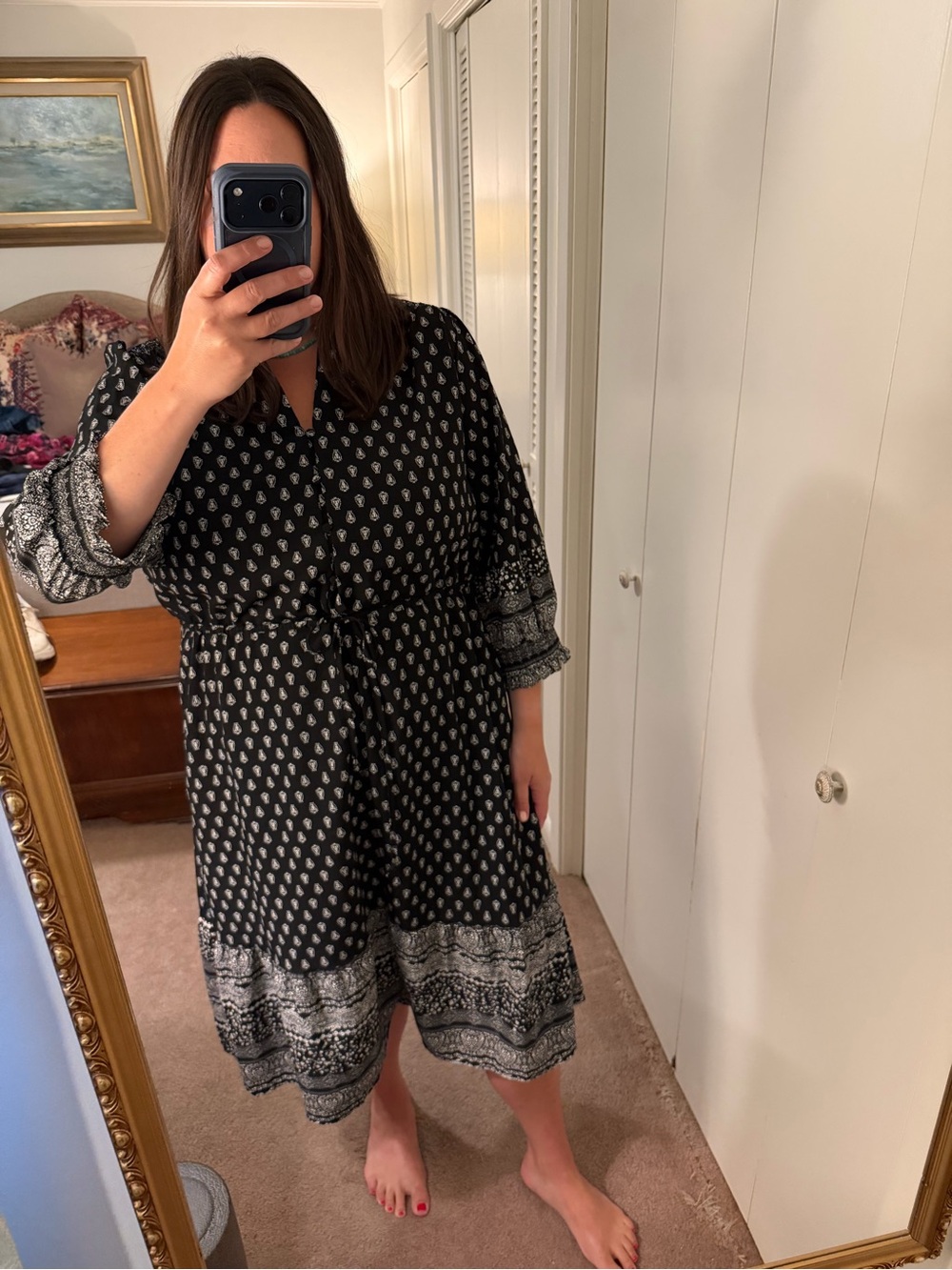 Time and Tru Black Paisley Midi Dress with Border Print